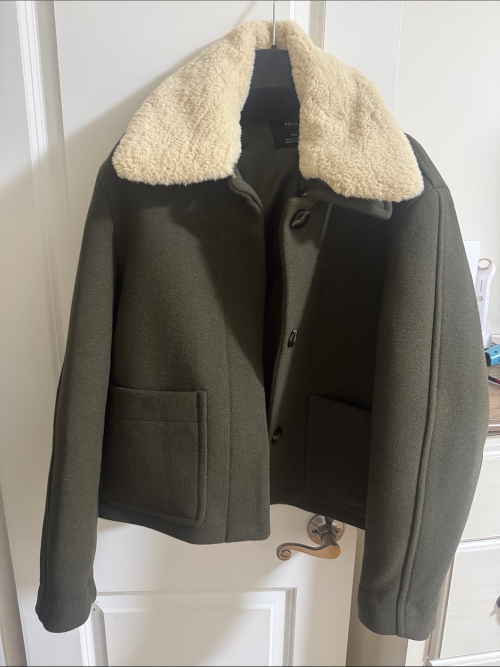 Mango Olive Green Pea Coat with Cream Sherpa Collar